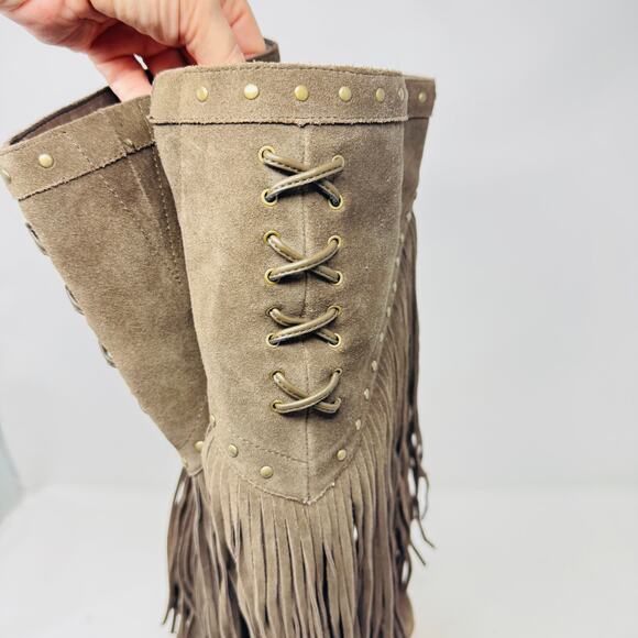 INC Tolla Suede Fringe Knee High Boots Taupe Western Boho Studded 8.5M - Picture 4 of 12